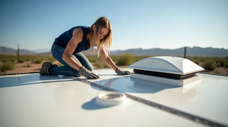 Woman kneeling on an RV roof scraping old sealant around a vent, demonstrating how to repair RV roof leaks.
