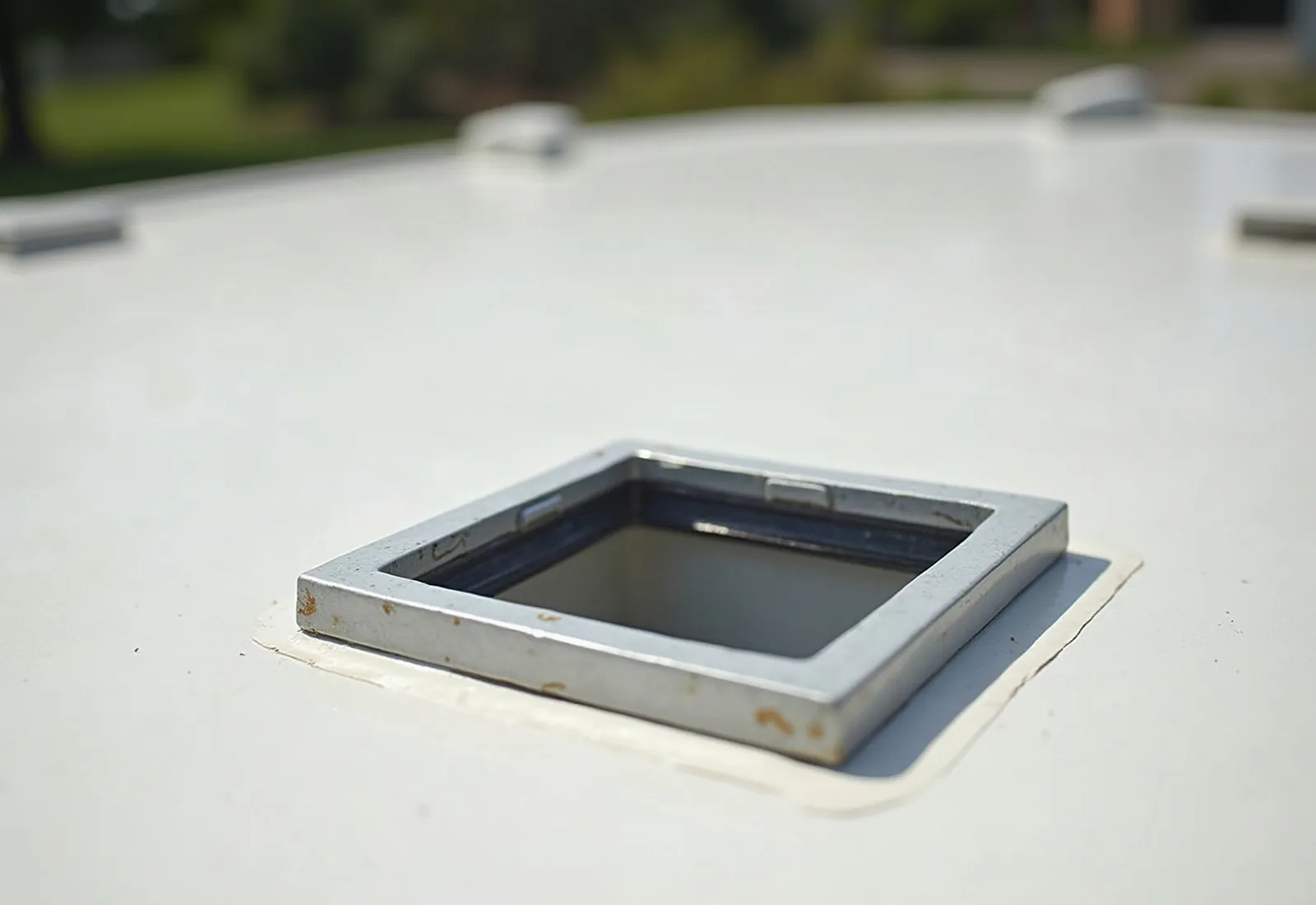 Fresh bead of white self-leveling sealant around an RV roof vent, part of how to repair RV roof leaks.