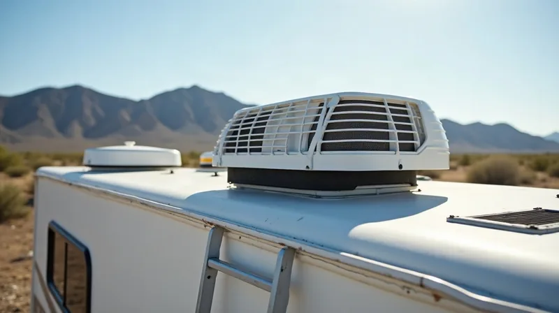 Rooftop air conditioner with shroud removed on a white fifth wheel, showing coils and fan, desert hills behind. RV AC repair often starts with inspecting the rooftop unit.
