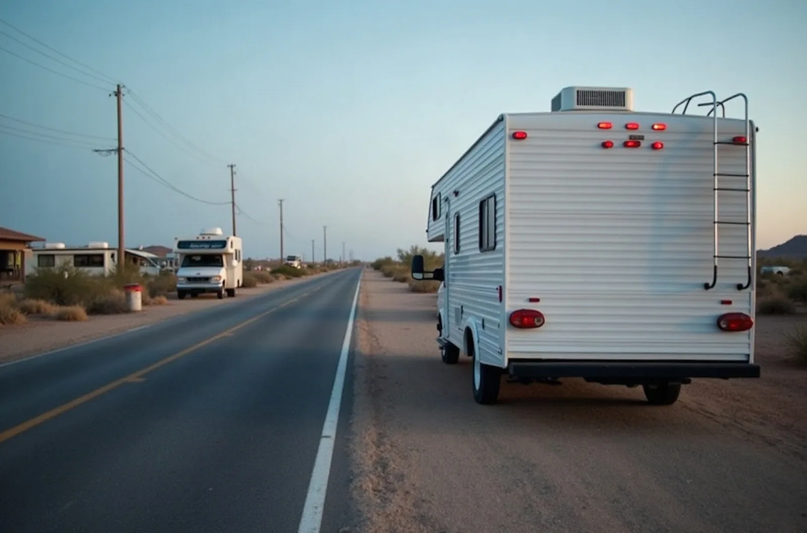 White fifth wheel at a desert campground at dusk, rooftop AC visible. Low campground voltage can affect RV AC repair needs.