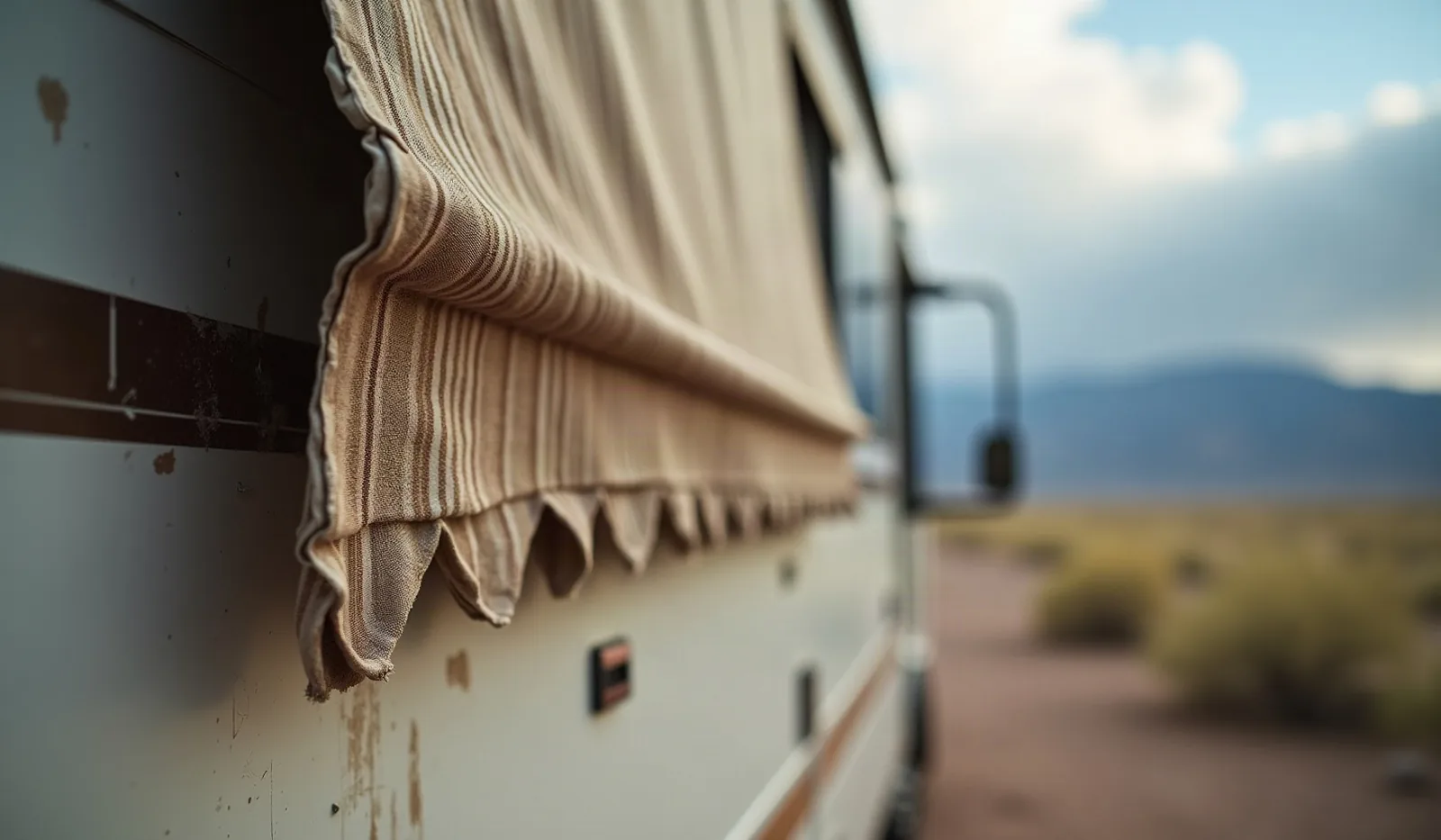Torn striped awning fabric hanging from a white Class A motorhome at an Arizona RV park with storm clouds over desert mountains, showing the need for RV awning repair.