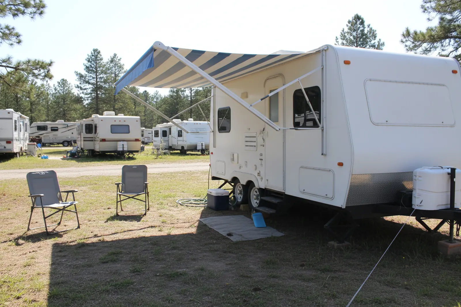 Fully extended striped patio awning on a white travel trailer at a campsite, tilted for rain runoff, demonstrating proper RV awning repair and maintenance.