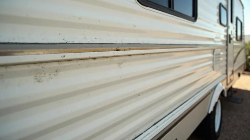 Low angle view along a white fiberglass travel trailer sidewall showing wavy bubbled delamination below a window in late afternoon Arizona light, an example of RV delamination repair cost.