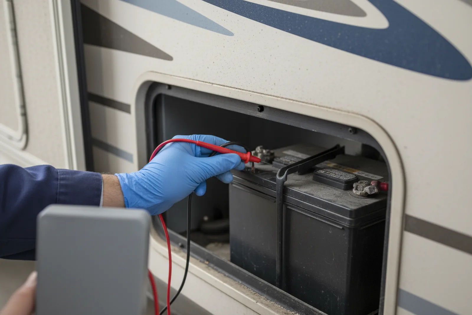 Gloved hand using a digital multimeter to test voltage on an RV battery terminal, a key step in RV furnace repair when low 12-volt power prevents ignition.