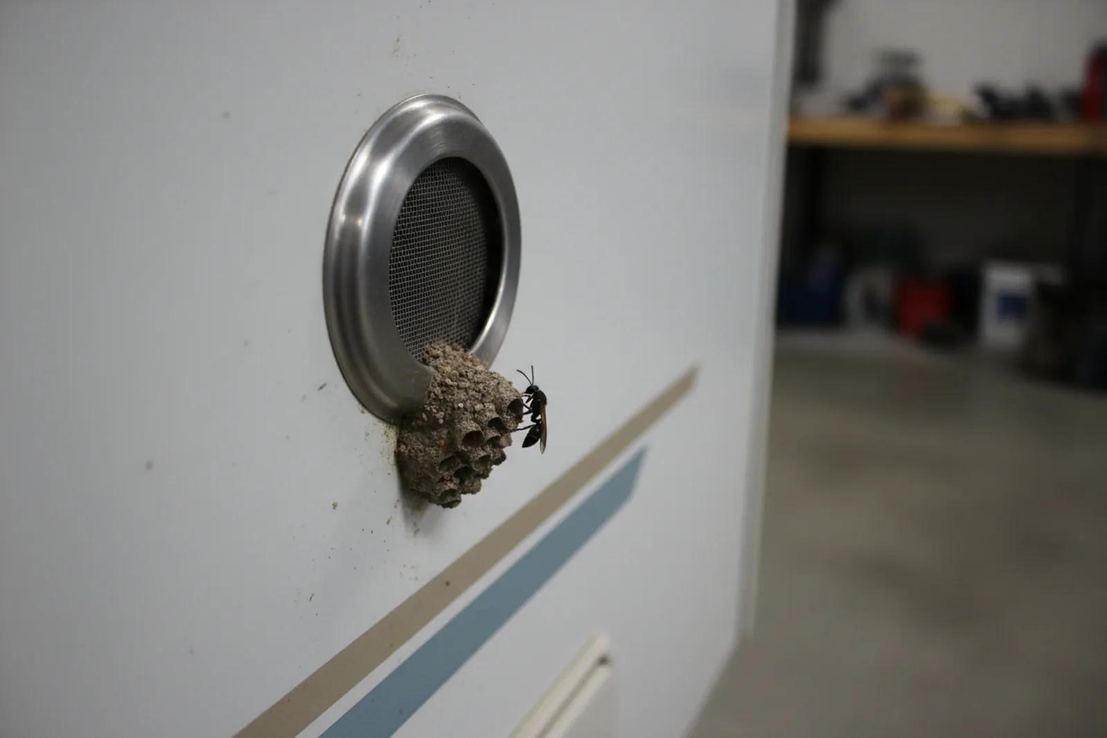 Small round furnace exhaust vent on white RV sidewall with mud dauber nest at edge, a common blockage addressed during RV furnace repair.