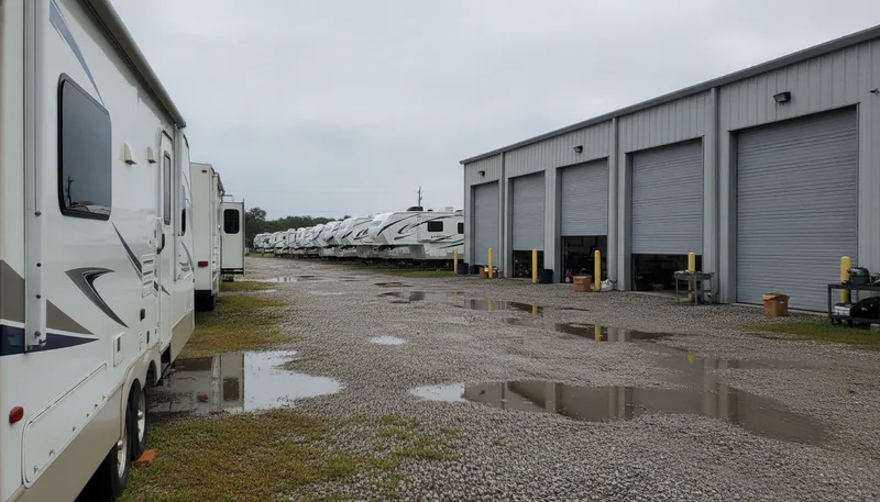 Row of white travel trailers and fifth wheels parked on a wet gravel lot next to an RV service building with roll-up doors, illustrating an RV repair cost estimate.