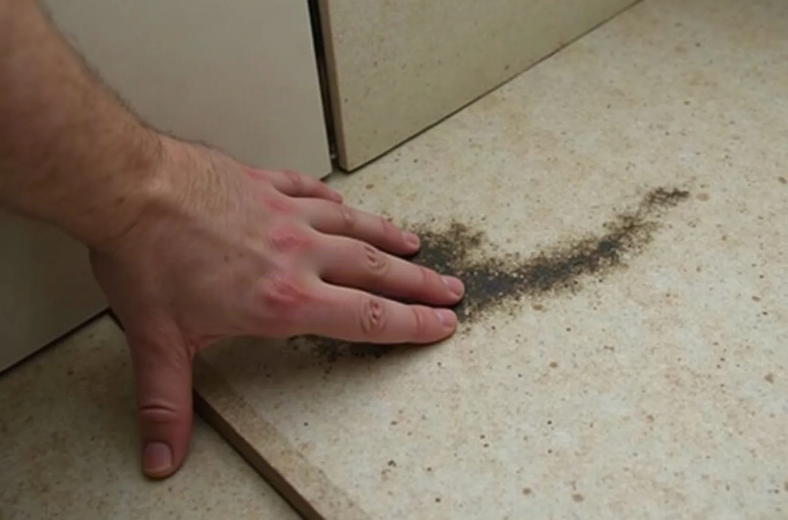 Hand pressing on a dark water stain on an RV floor near a wall, checking for soft spots related to RV water damage floor repair cost